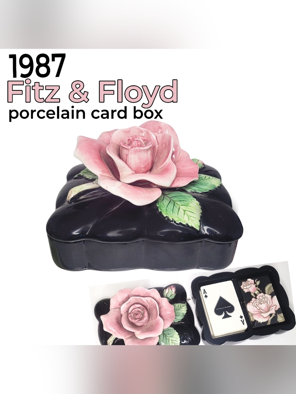 1987 Vintage Fitz & Floyd Porcelain 3-D Rose Box W/ Deck Of Cards